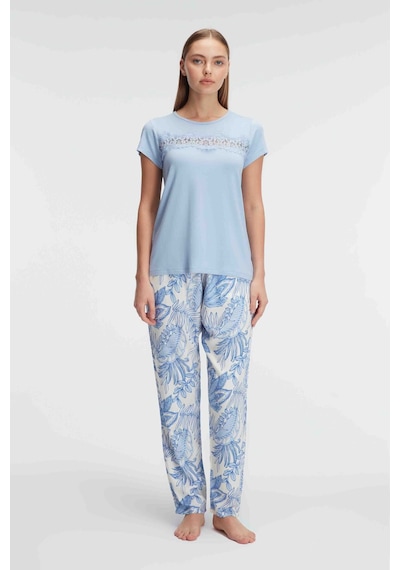 Man9885-1014 Anil Ev Giyim Man9885 Anıl 9885 Kısa Kol Bisiklet Yaka Kadın Viskon Çiçek Desenli Yazlık Örme Dantel Detaylı Pijama Takımı Mavi