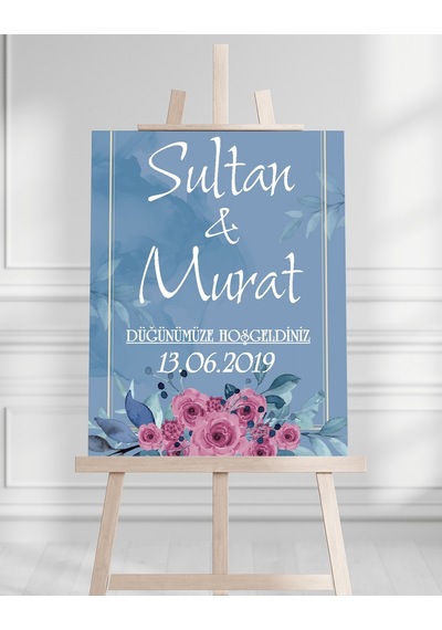 Söz Nişan Düğün İçin 50x70 Karşılama Panosu - Mavi Çiçek Tasarımlı 1 Beyaz