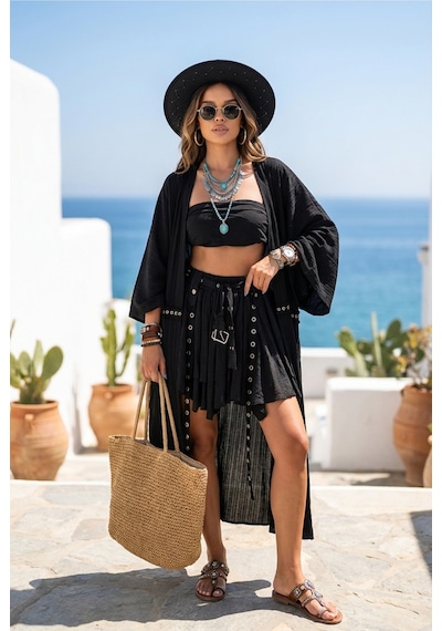 Kuşgözü İlmek Şerit Detaylı Püsküllü Bilekte Uzun Maxi Bohem Boho Plaj Tatil Doğal Kimono Kaftan Siyah Kuşgözü İlmek Şerit Detaylı Püsküllü Bilekte Uzun Maxi Bohem Boho Plaj Tatil Doğal Kimono Kaftan Siyah