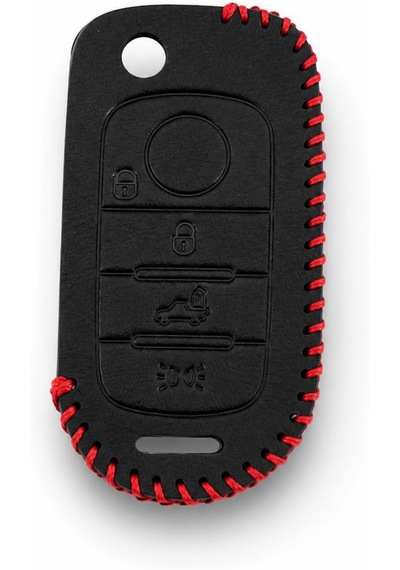 Autohan Keys Egea Uyumlu Deri Anahtar Kılıfı, 3 Buton, Siyah, Kırmızı Örgülü Anahtarlık Dahil