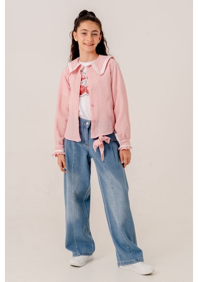 Kız Çocuk Su Taşlı Gömlek T-shirt İkili Takım 1805 Pembe