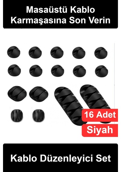 Kablodüzenleyici Kablo Düzenleyici Set 16 Parça Silikon Kauçuk Yapışkanlı Masaüstü Organizer Klips