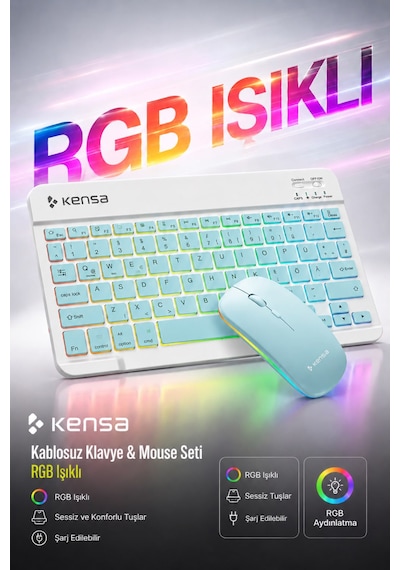 Tablet Ve Bilgisayar İçin Rgb Led Işıklı Taşınabilir Kablosuz Bluetooth Klavye Ve Dongle'lı Mouse Seti Mavi