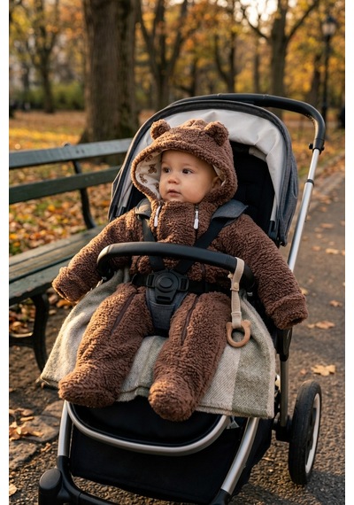 Babymod Kışlık Premium Kalite Kız Peluş Erkek Bebek Tulum Kahverengi
