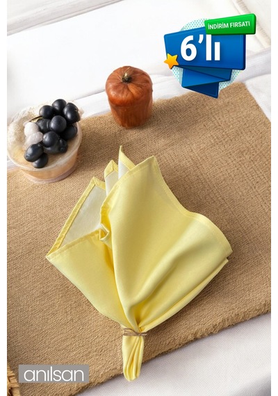 6 Lı %100 Pamuk Kumaş Peçete Açık Sarı 50x50 Cm Mutfak Bezi Sofra Sunum Servis Peçetesi Açık Sar