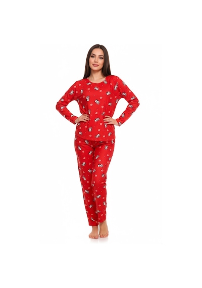 Bisiklet Yaka Süet Pijama Takımı 6005 Penguen Kırmızı Kırmızı