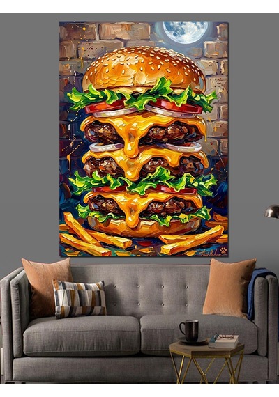 Ay Işığı Altında Devasa Katlı Hamburger Dekoratif Kanvas - Mdf Ahşap Tablo