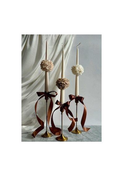 Dekoratif Şamdanlık Mum 25 Cm 1 Adet 2 Adet Şakaik Gül Toplamda 3 Parça Modern Dekoratif Soy Mum Bej