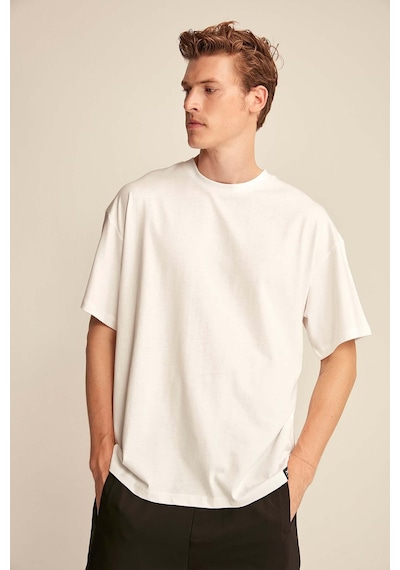 Grımelange Jett Erkek Oversize Fit %100 Organik Pamuk Kalın Dokulu Bisiklet Yakalı Beyaz T-shirt
