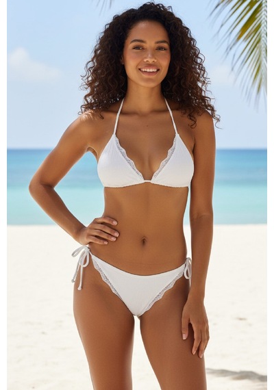 Modadua Kadın Beyaz Pedli Bel Ve Boyundan Bağlamalı Dantelli Şık Bikini Takımı