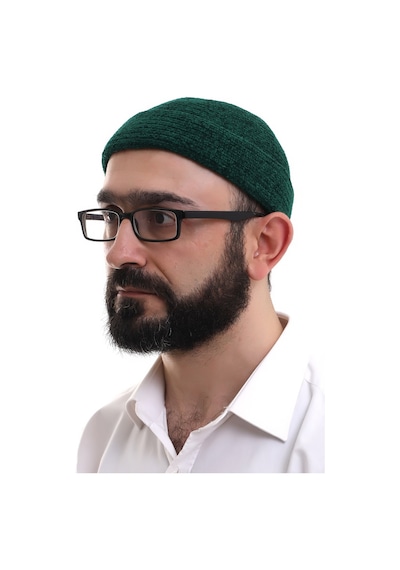 Yeşil Katlamalı Sade Desen Kışlık Kadife Takke Şapka