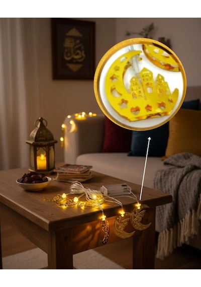Pilli Minareli Hilal Led Işık Gold Metal Ramazan Dekorasyonu Çr 62087148