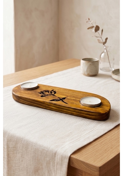 Ahşap El Yapımı İki Bölmeli S Kıvrımlı Tasarım Mumluk, Doğal Ahşap Lazer Gül Detaylı Tealight Mumluğu Kahverengi Kahverengi