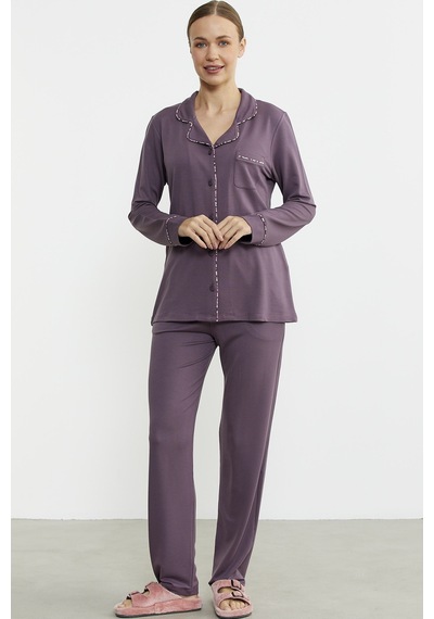 Sementa Düz Renk Gömlek Model Pijama Takım - Mor Mor