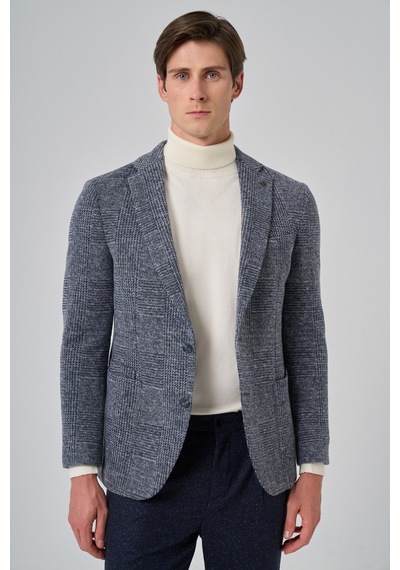 Morven Erkek Marine Örme Trend Ekoseli Slim Fit Mono Yaka Ceket 26ks002003210 Marine