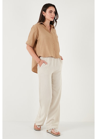 Lela Regular Fit Göğüs Cepli Kısa Kollu Bayan Gömlek 6779324 Bisküvi