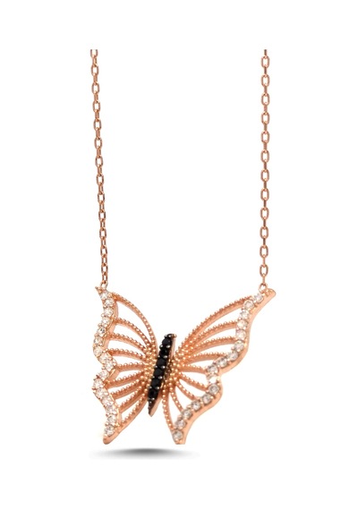 Kadın Kelebek Tasarım 925 Ayar Gümüş Rose Renk Kolye Rose Gold - Siyah