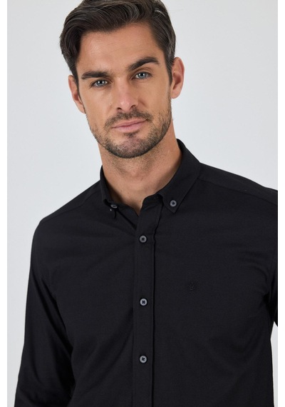 İmza Uzun Kol Düz Bez Ayağı Düğmeli Yaka Cepsiz Pamuklu Casual Slim Fit Gömlek 1004250212 Siyah İmza Uzun Kol Düz Bez Ayağı Düğmeli Yaka Cepsiz Pamuklu Casual Slim Fit Gömlek 1004250212 Siyah