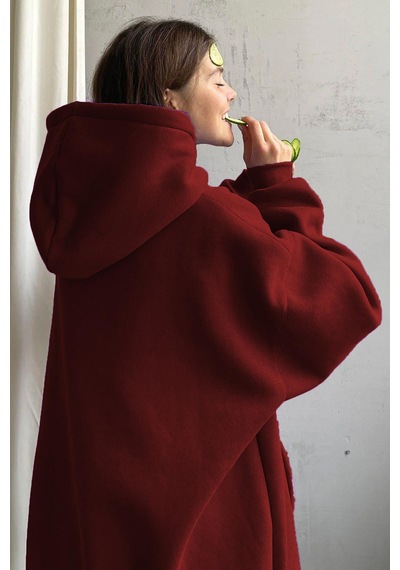 Madmext Bordo Kapüşonlu Şardonlu Oversize Sweatshirt Mg1566 Bordo