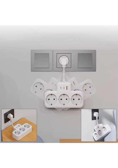 Duvar Tipi Grup Priz Çoğaltıcı, Yüksek Voltaj Korumalı Priz, 3x Priz 2x, Type-c, 1x Usb, 16a, 3680w 0.13 M