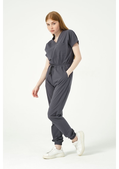 Füme Likralı Scrubs Jogger Paça Doktor Hemşire Forması Yarasa Kol Takım Unisex