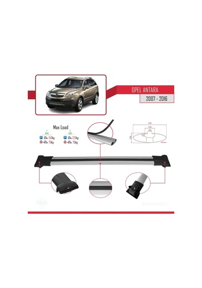 Opel Antara 2007-2016 Arası İle Uyumlu Fly Model Ara Atkı Tavan Barı Gri