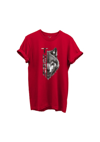 Yarı Kurt Yarısı Türk Yazı Tasarım Baskılı %100 Pamuk T-shirt Kırmızı