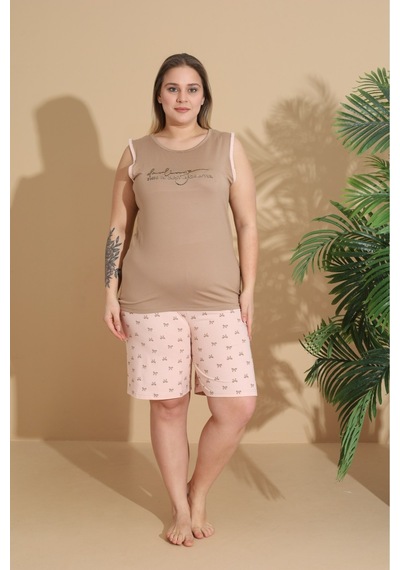 Eyfuze Kadın Milan Kumaş Büyük Beden Curve Baskılı Desenli Şortlu Pijama Takımı Bej