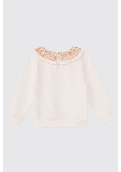 Panço Kız Bebek Yakalı Desenli Ekru Sweatshirt Krem