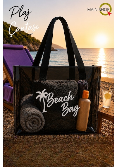 Mainshop Siyah Şeffaf Beach Bag Kadın Plaj Çantası Büyük Hacimli M-plj01