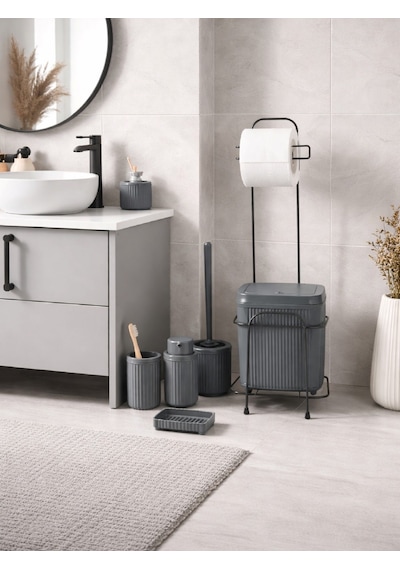 Decorev Standlı Antrasit 5 Parça Click Kapaklı Banyo Seti Dc-6804 Gri