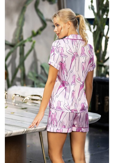 Kadın Pembe Desenli Kısa Kollu Saten Şortlu Pijama Takımı Rahat Ve Şık 2 Li Set
