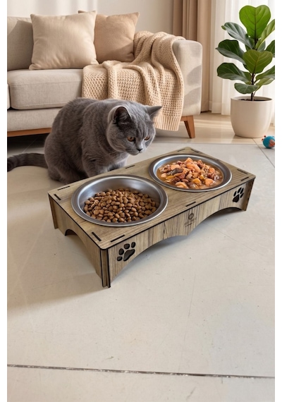 Petmagic 2'li Mama Kabı, Ahşap Çelik Kaseli Kedi Mama Kabı, Ahşap Standlı, Metal Kaseli