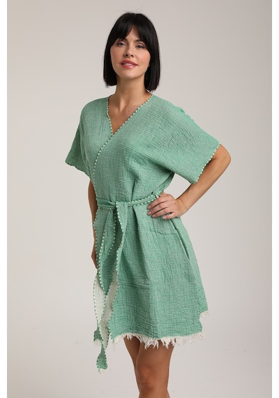 Life For Moda Kadın Kuşaklı Müslin Pareo Kimono P 80 Yeşil