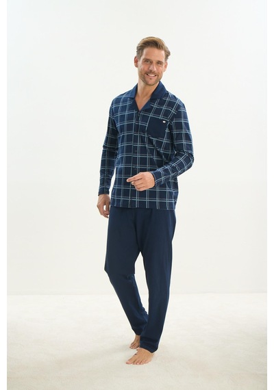Sevim Erkek Uzun Kol Gömlek Yaka Önden Düğmeli Lacivert Pijama Takım C9t1n5o9 001
