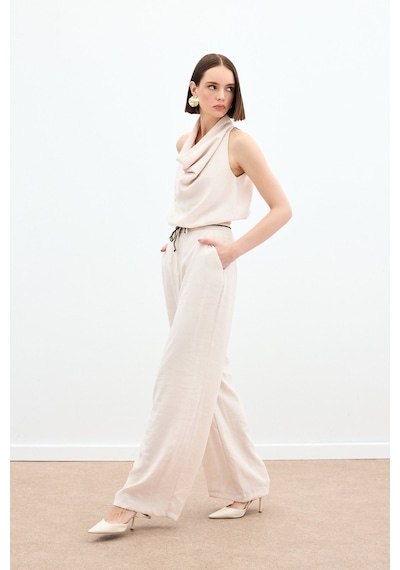Sateen Örgü Kemerli Pantolon - Bej-136169 Bej