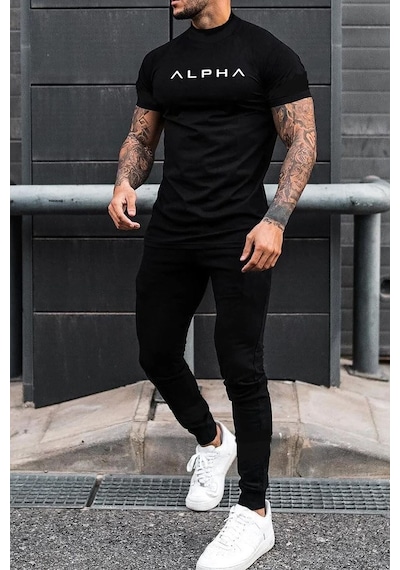 Uyguntarz Unisex Alpha Baskılı 2'li Eşofman Takımı Siyah