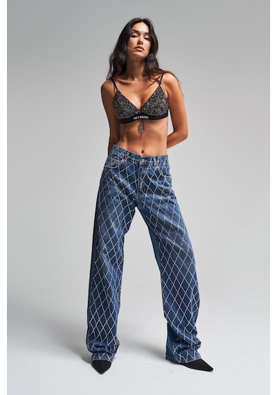 it's basic Kadın Koyu Mavi Renk Rita Loose Fit Önü Parlak Taşlı Tasarım Denim Jean Koyumavitaşlı