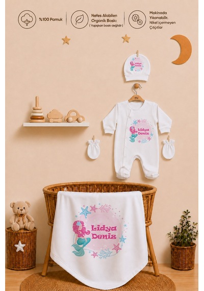 Pia Baby Kız Bebek İsimli %100 Pamuk Hastane Çıkışı 6 Parça Tulum Şapka Eldiven Hediye Seti 2073tybk0x Krem