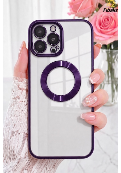 Fibaks iPhone 14 Pro Max Uyumlu Kılıf Kamera Lens Korumalı Logo Gösteren Arkası Şeffaf Parlak Kenarlı Kapak