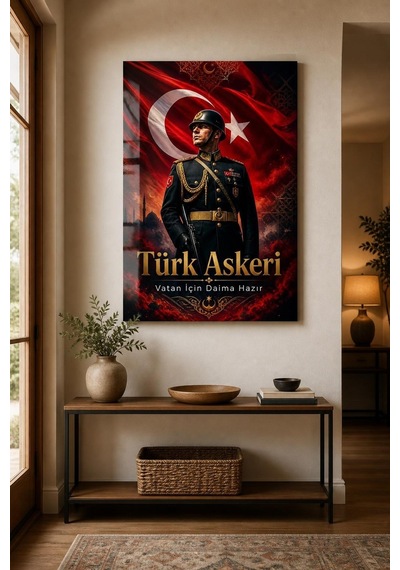 Türk Askeri Baskılı Cam Tablo Bayraklı Vatan Temalı Dekoratif Duvar Tablosu