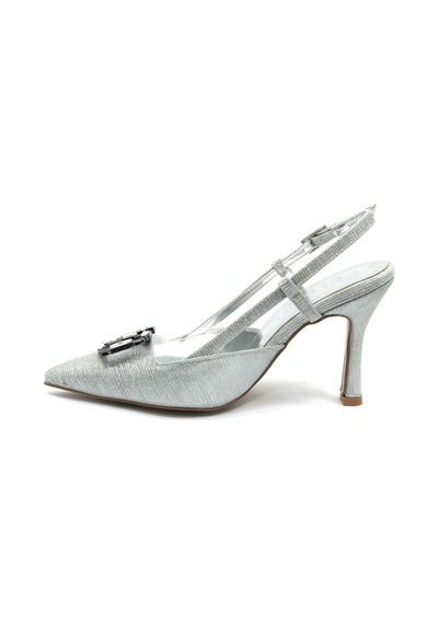 Feles V Toka Detaylı Arkası Açık Stiletto Kadın Topuklu Ayakkabı GÜMÜŞ