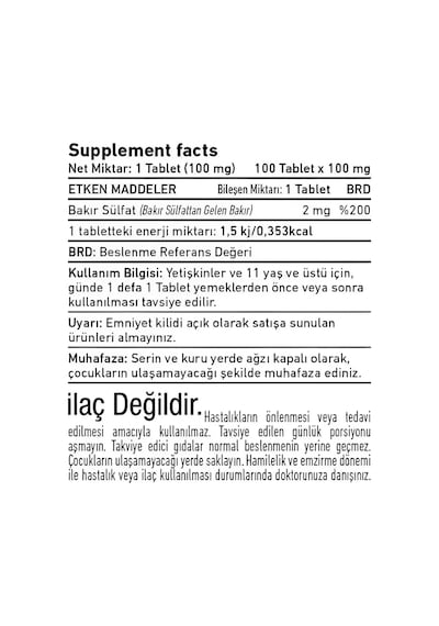 Vitagenom Copper 2 MG Bakır İçeren Takviye Edici Gıda 100 Tablet