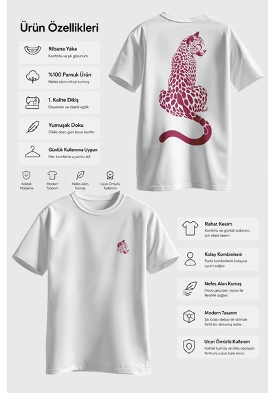 Spoyi Panter Silüeti Tasarımlı %100 Pamuk Yarım Oversize Beyaz T-shirt