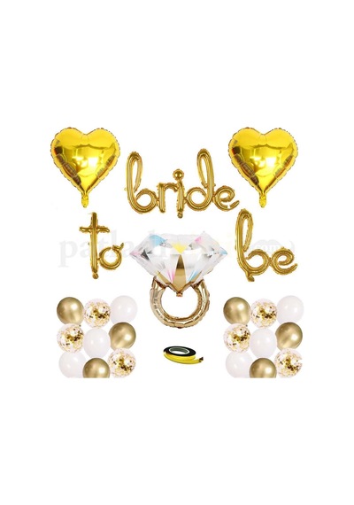 Patladı Gitti Bride To Be El Yazısı, Tek Taş Yüzük Ve Kalp Folyo Balonlu Gold Bride To Be Set Sku: Zeus8690010465771