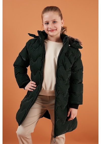 Lela Peluş Astarlı Yakası Suni Kürklü Çıkarılabilir Kapüşonlu Kışlık Kız Çocuk Mont 5761905 Haki