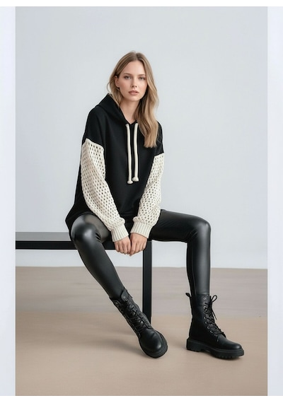 Mamayaga Kadın Kolları Örgü Triko Şık Tasarım Oversize Tunik Boy Zümrüt Yeşili Sweatshirt Kazak Siyah