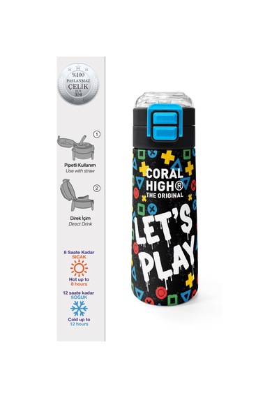 Coral High Kids Siyah Lets Play Desenli Pipetli Ve Direkt İçim Çelik Termos 500 Ml 38114 Siyah