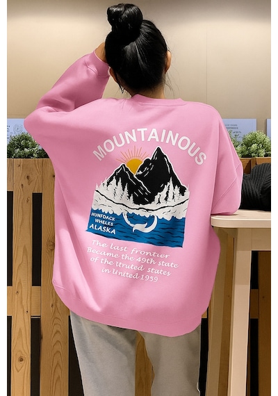 Benroma 3 İplik Penye Mountainous Baskılı Sweatshirt Pembe