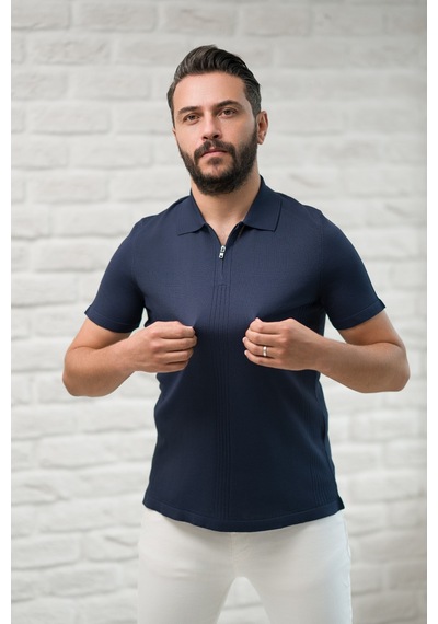 San&fa Slimfit Fermuar Kapamalı Rayon Kumaş Likralı Polo Yaka T-shirt Lacivert